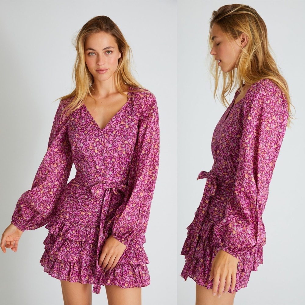 LoveShackFancy Purple-Pink Floral Wrap Mini Dress